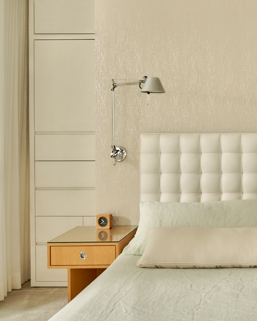 wood side table in white bedroom