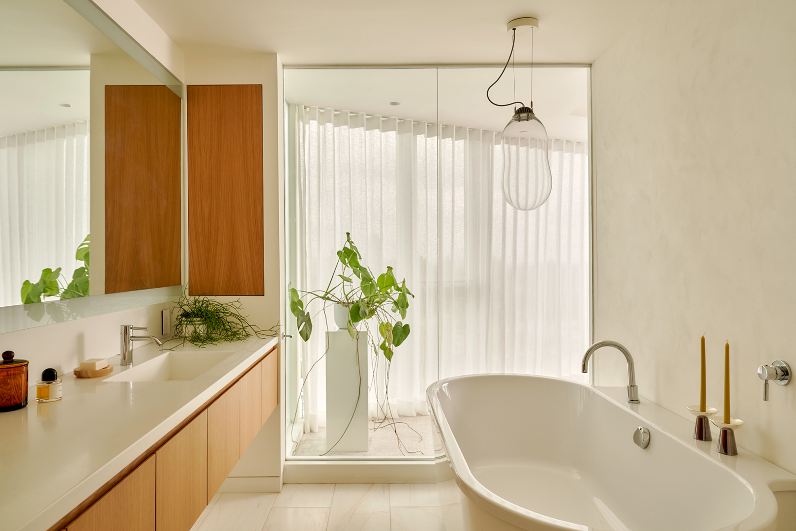 white bathroom with oak vanity