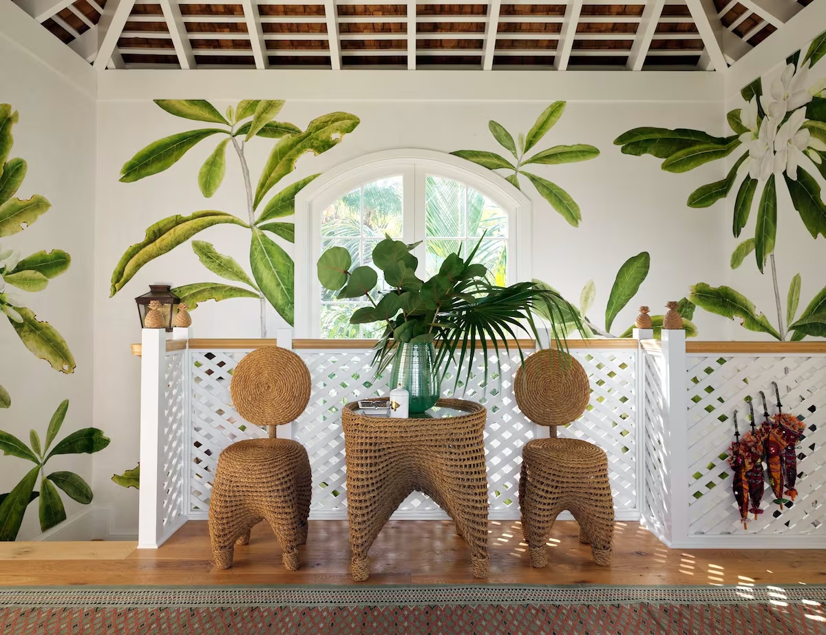 woven chairs on stair landing