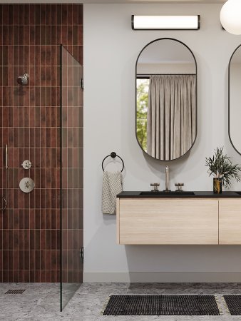 modern bathroom with red shower tile