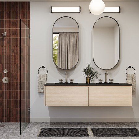  modern bathroom with red shower tile