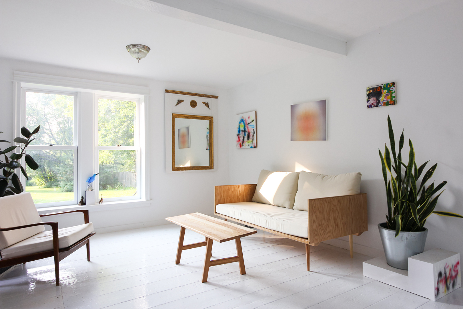 plywood sofa in white living room