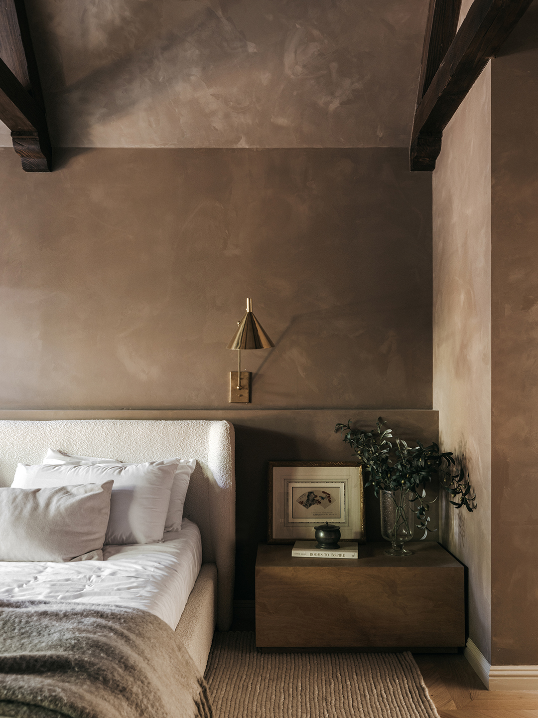 brown limewash bedroom