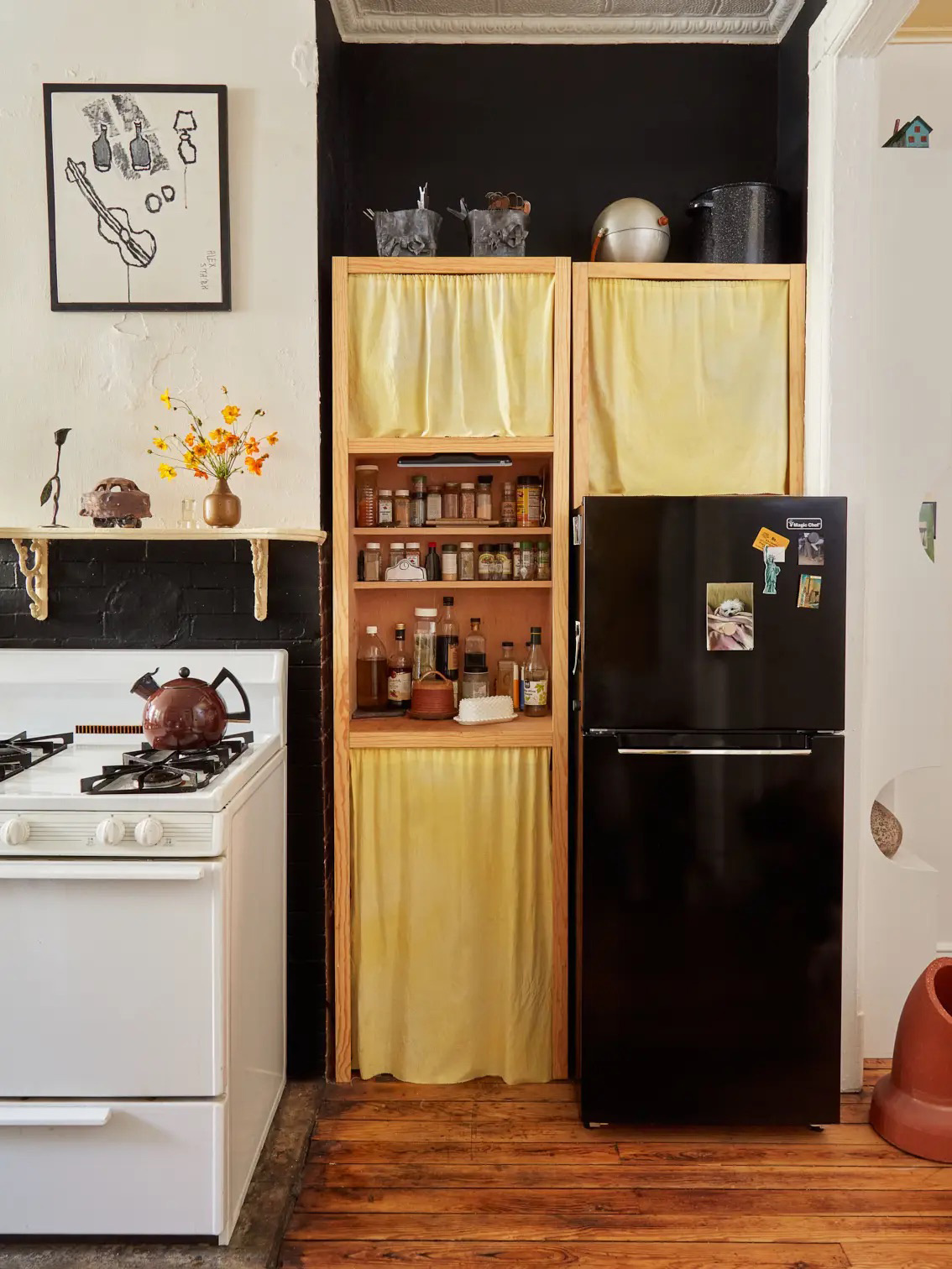 yellow panels covering shelving