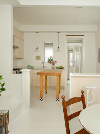 white and pink kitchen