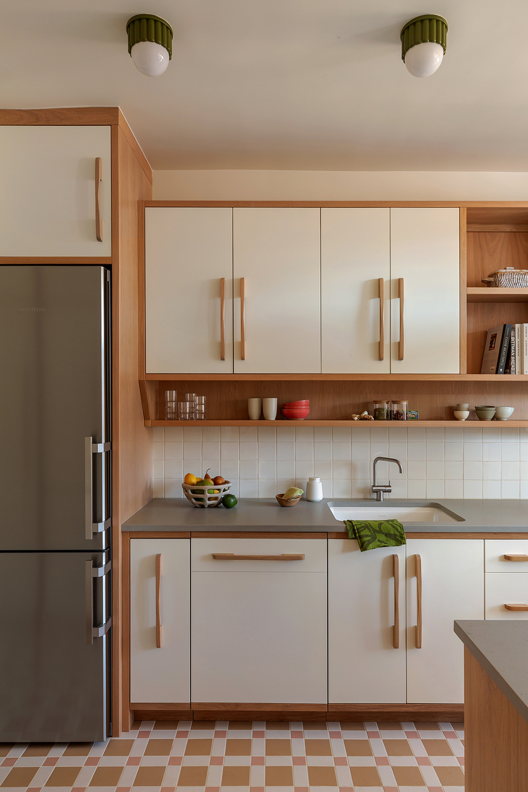 white cabinets with wood handles