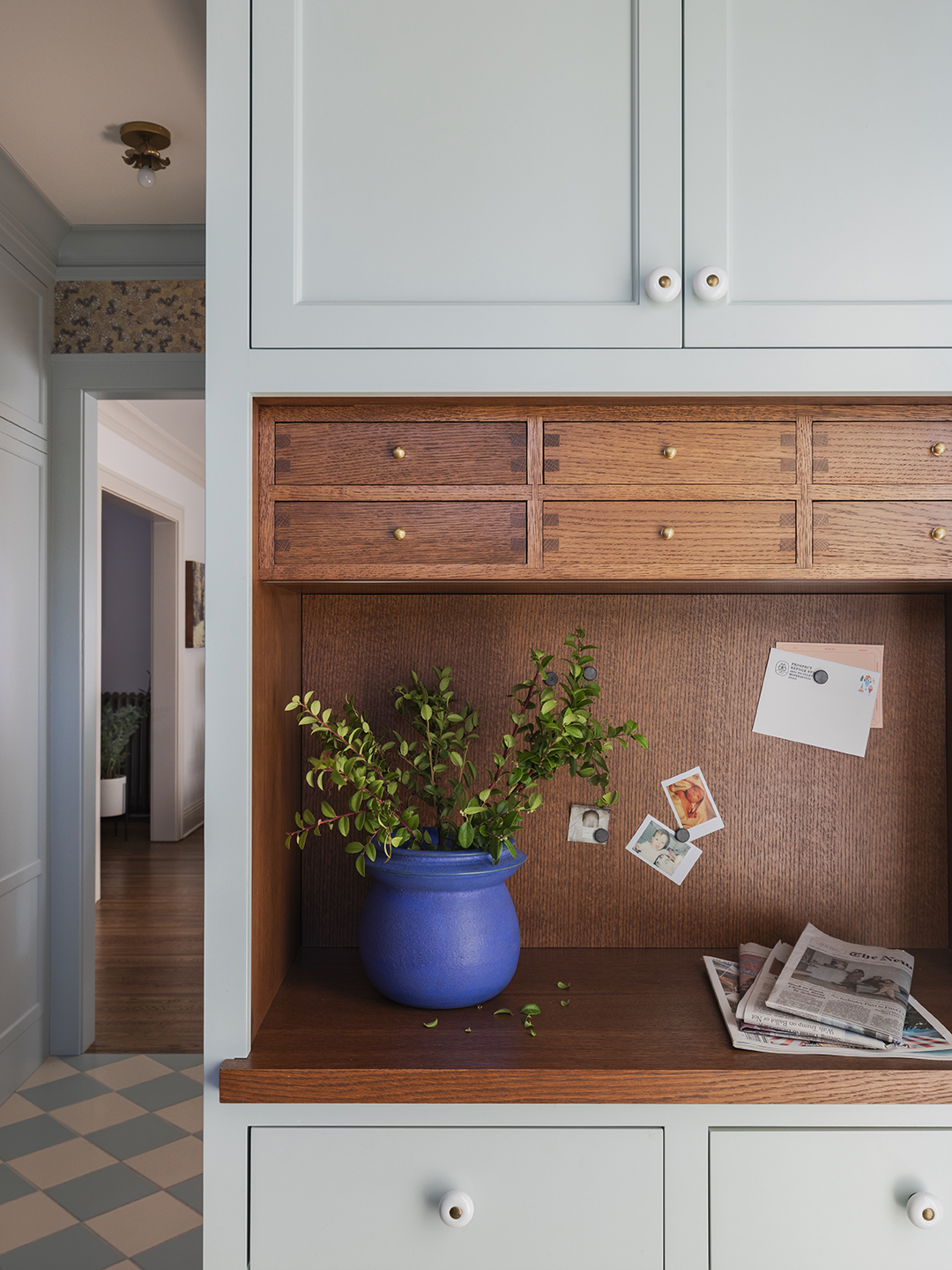 light blue and wood cabinet