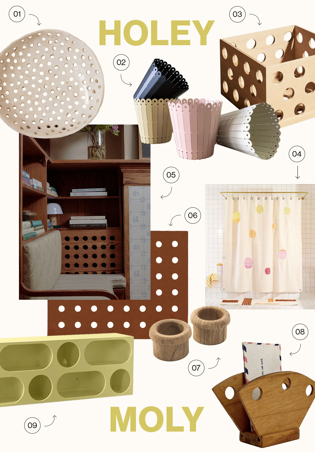 collage of decor with perforations and holes in it
