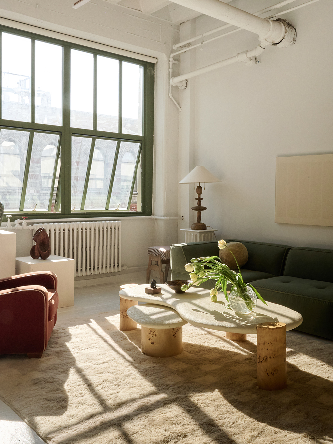 office living area with big industrial windows