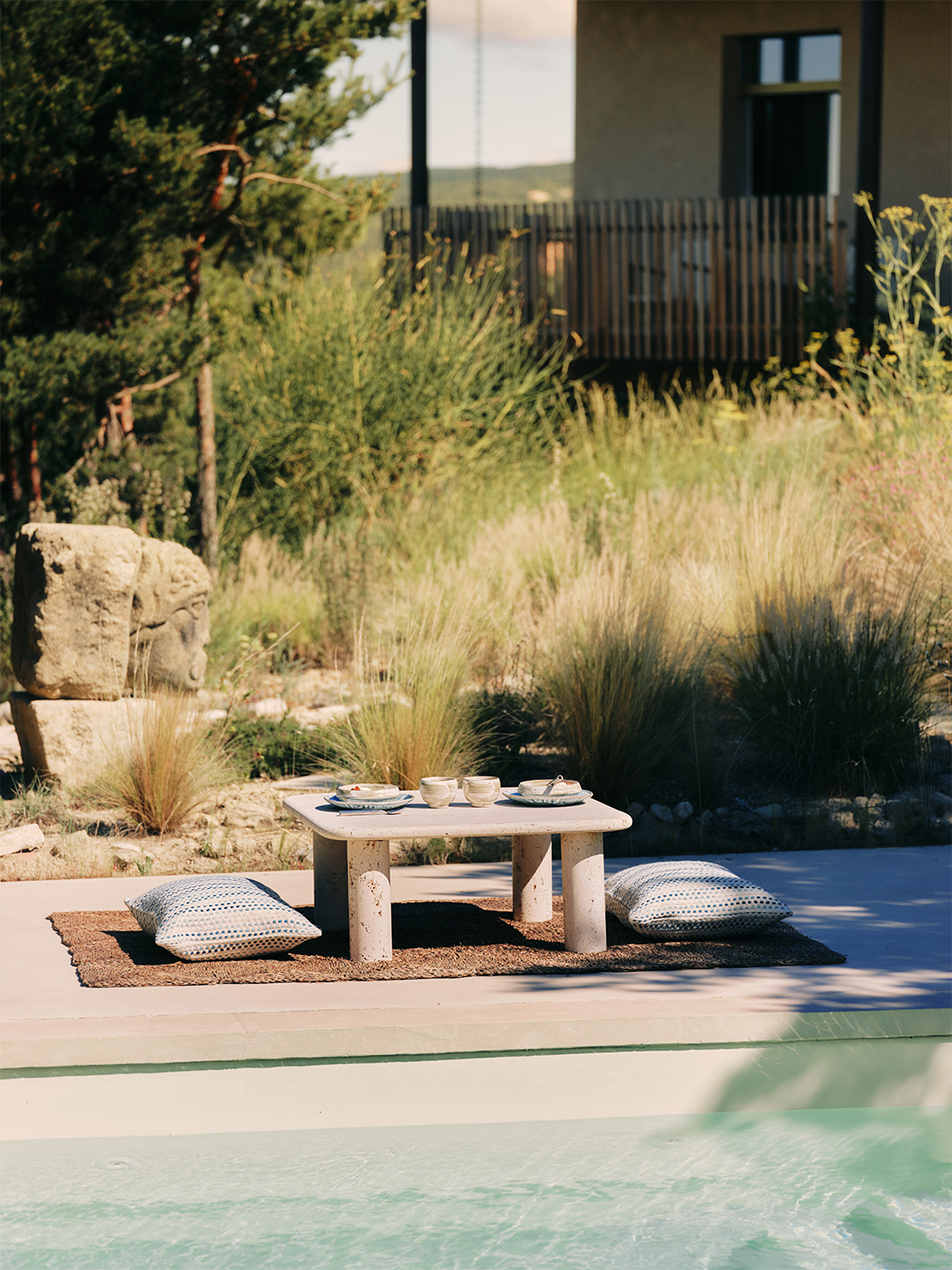 table next to pool