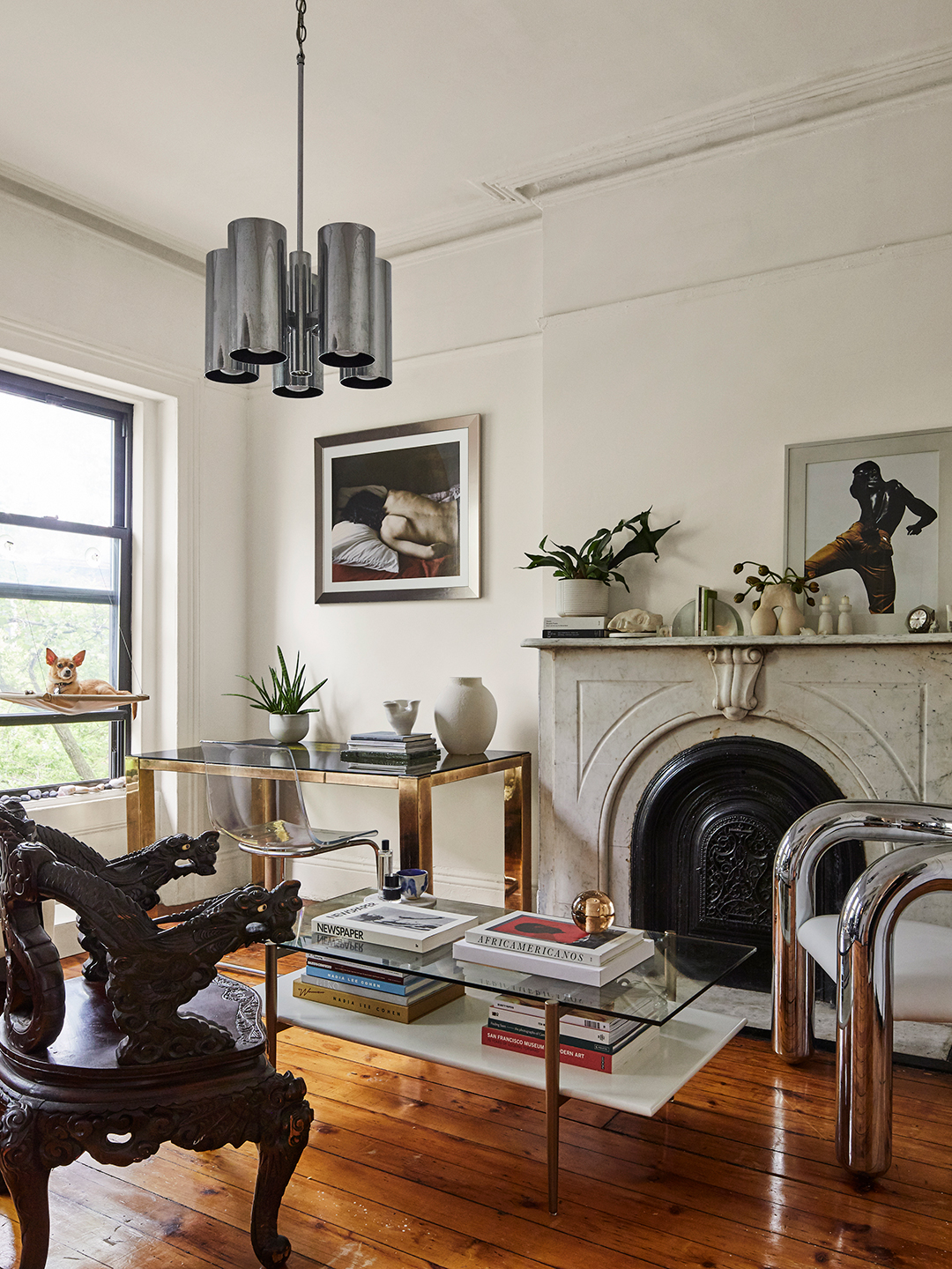 Brooklyn apartment with fireplace and silver chandelier