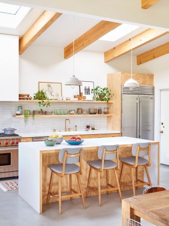 modern white kitchen with wood accents