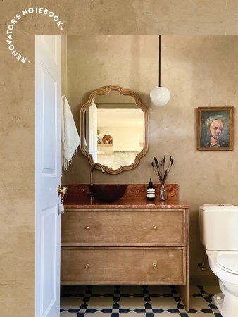 powder room with red counters