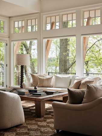 living room with woven rug