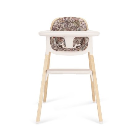  Product shot of wood highchair with floral cushion.