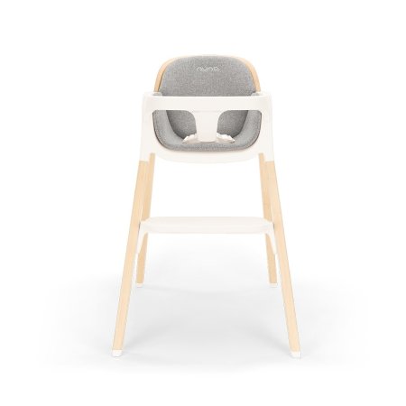  Product shot of wood highchair with light gray cushion.