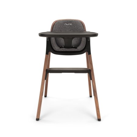  Product shot of dark wood highchair with dark gray seat.