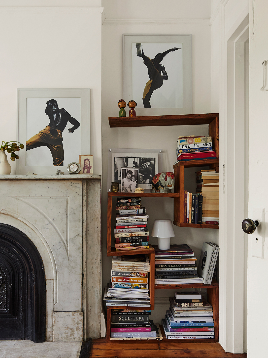 Bookshelf next to marble fireplace