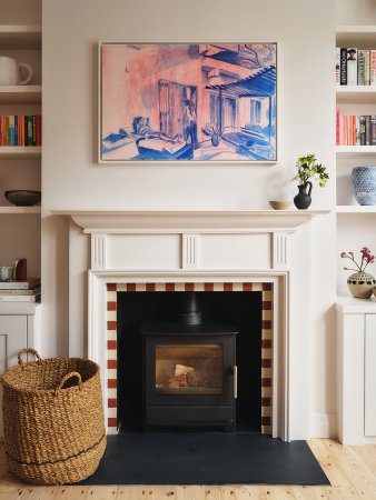 fireplace with red and white trim