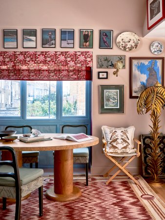 pink living room with gallery wall