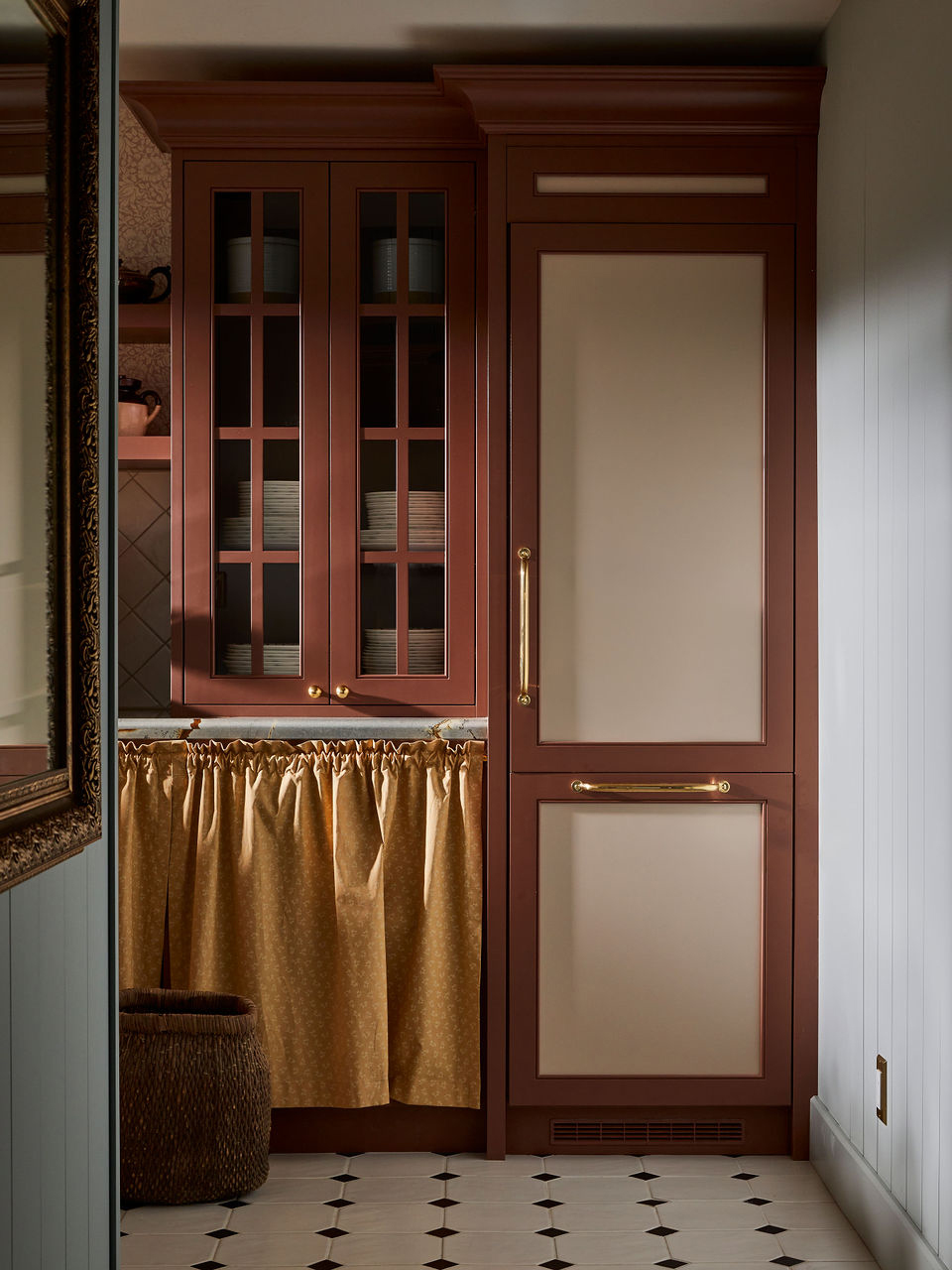 Painted fridge doors and skirt covering lower cabinet in kitchen