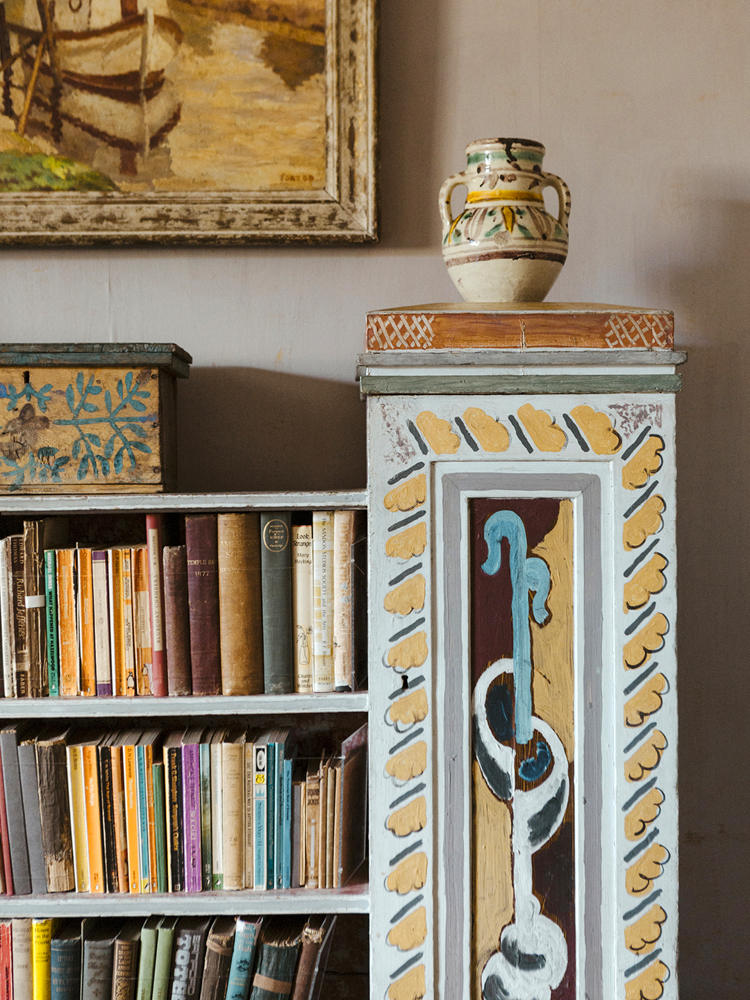 Blue shelves filled with colorful books