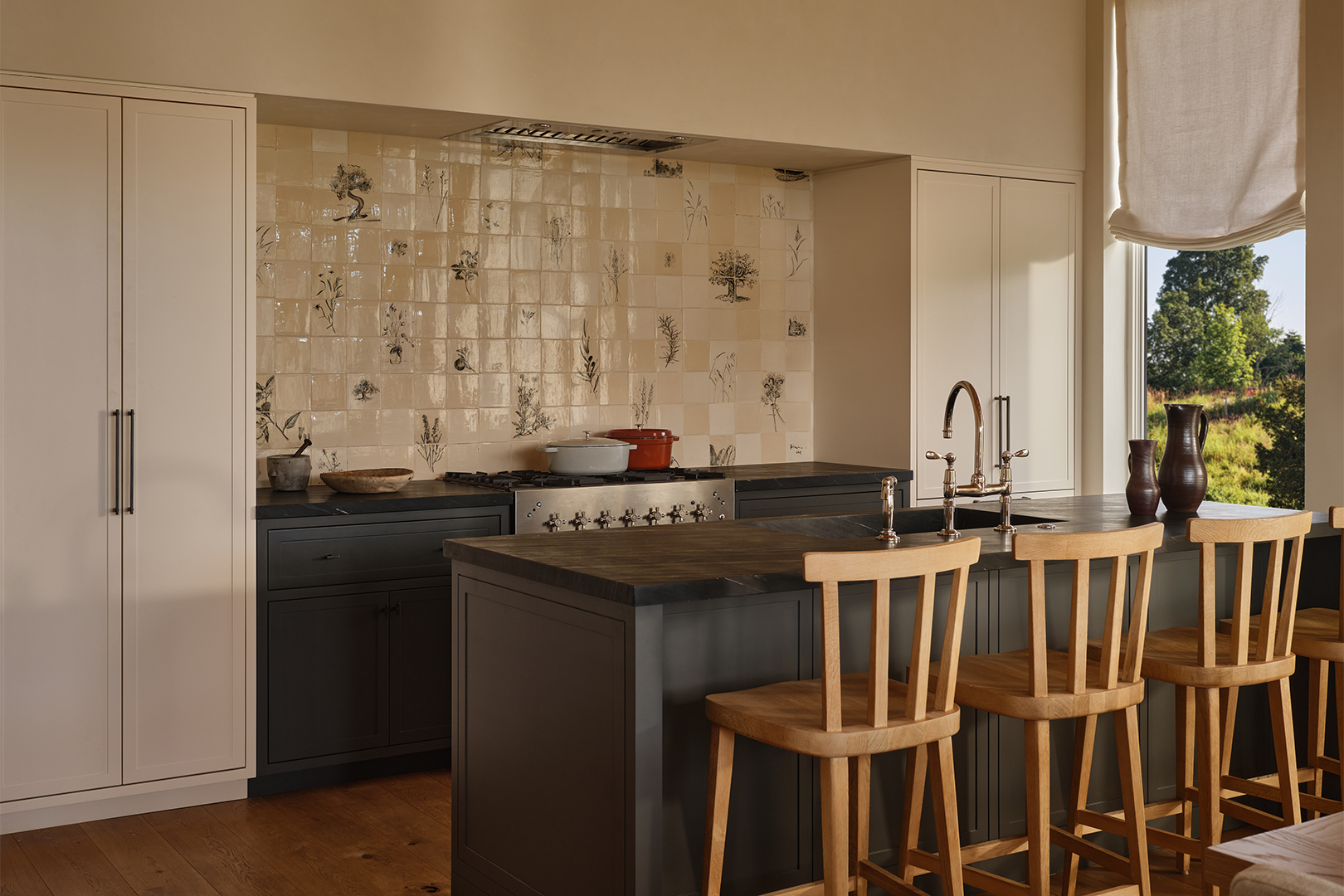 kitchen with painted backsplash tiles