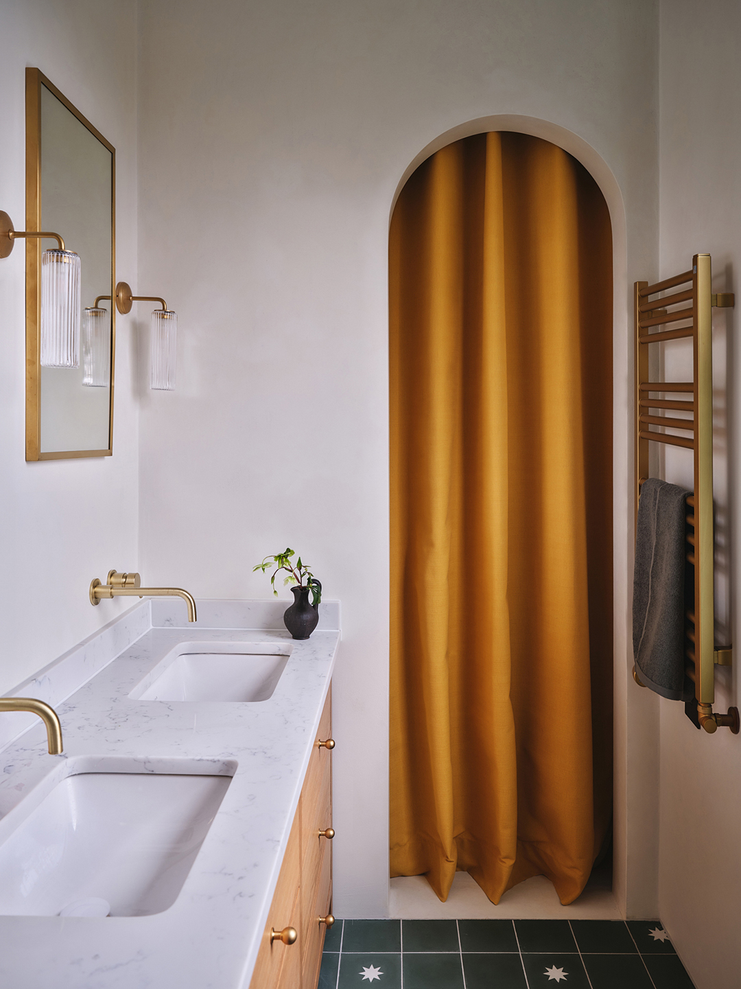 shower with yellow curtain