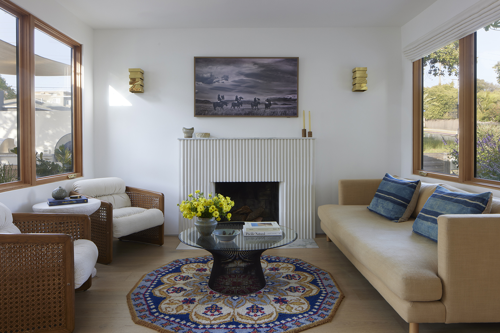 living room with yellow sofa