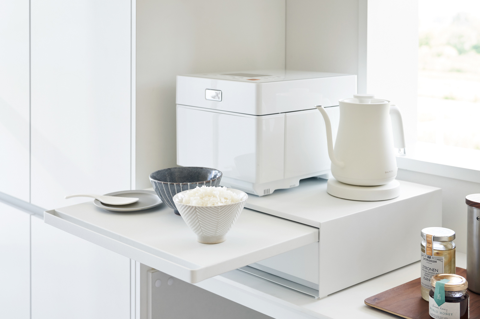 Bowl of rice on a shelf