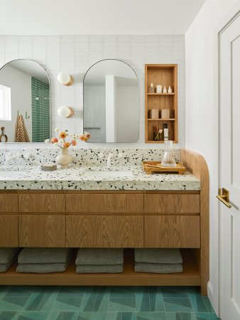 terrazzo vanity with wood drawers