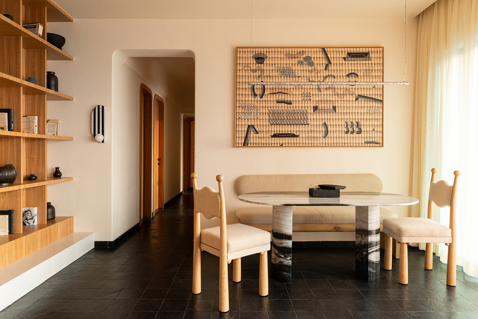 dining room with black floors