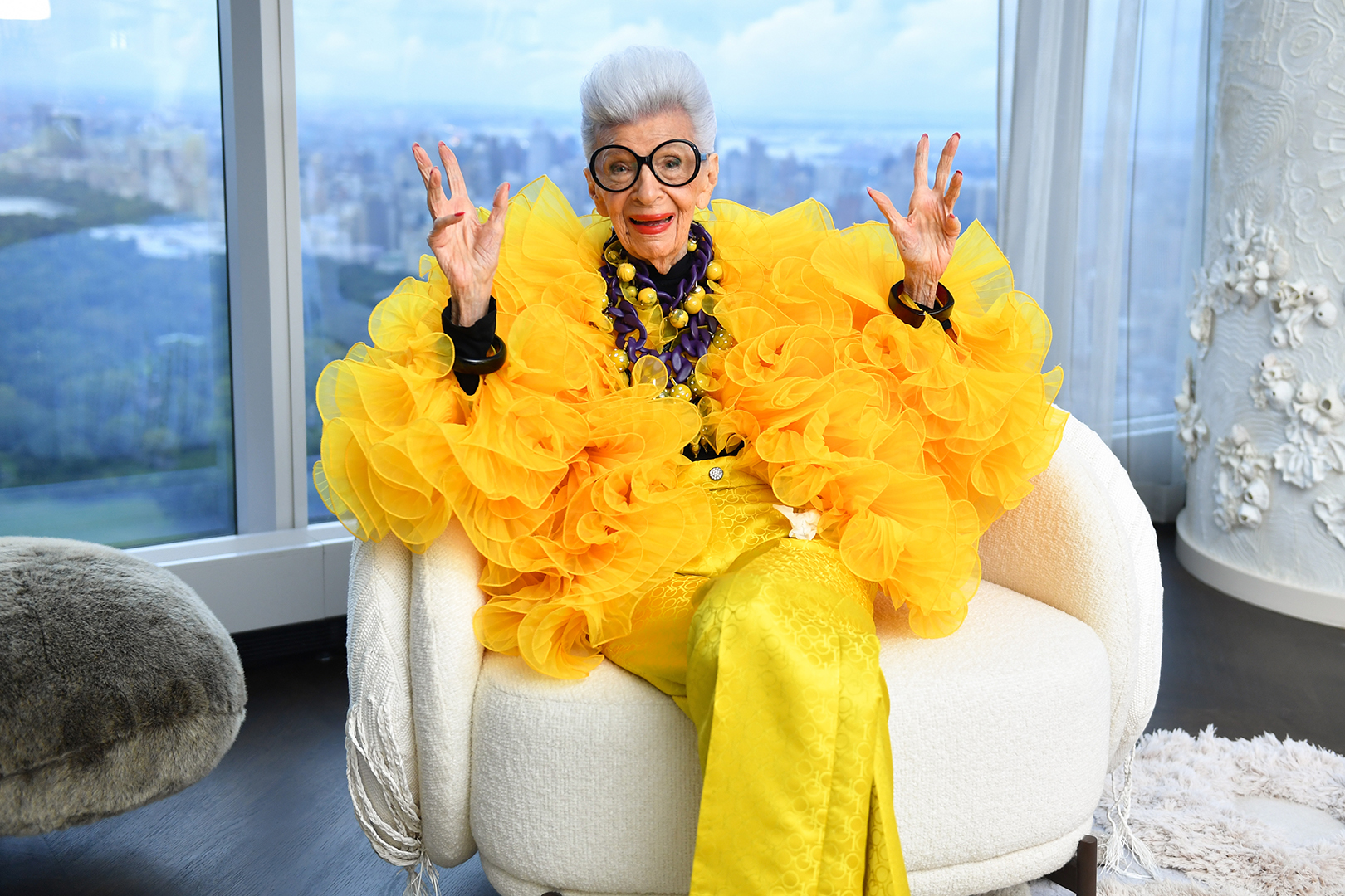 NEW YORK, NEW YORK - SEPTEMBER 09: Iris Apfel sits for a portrait during her 100th Birthday Party at Central Park Tower on September 09, 2021 in New York City. (Photo by Noam Galai/Getty Images for Central Park Tower)