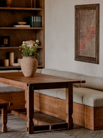 banquette around a wooden table