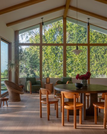 dining room with lofted ceilings