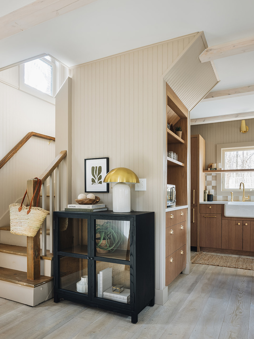 oak wood cabinets underneath stairs