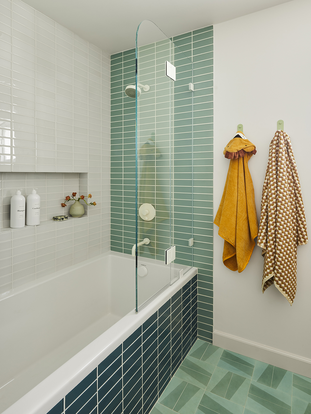 green and blue shower tile