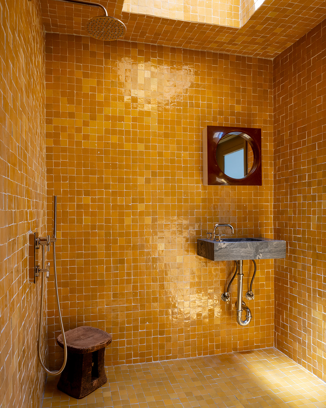 yellow zellige tile bathroom