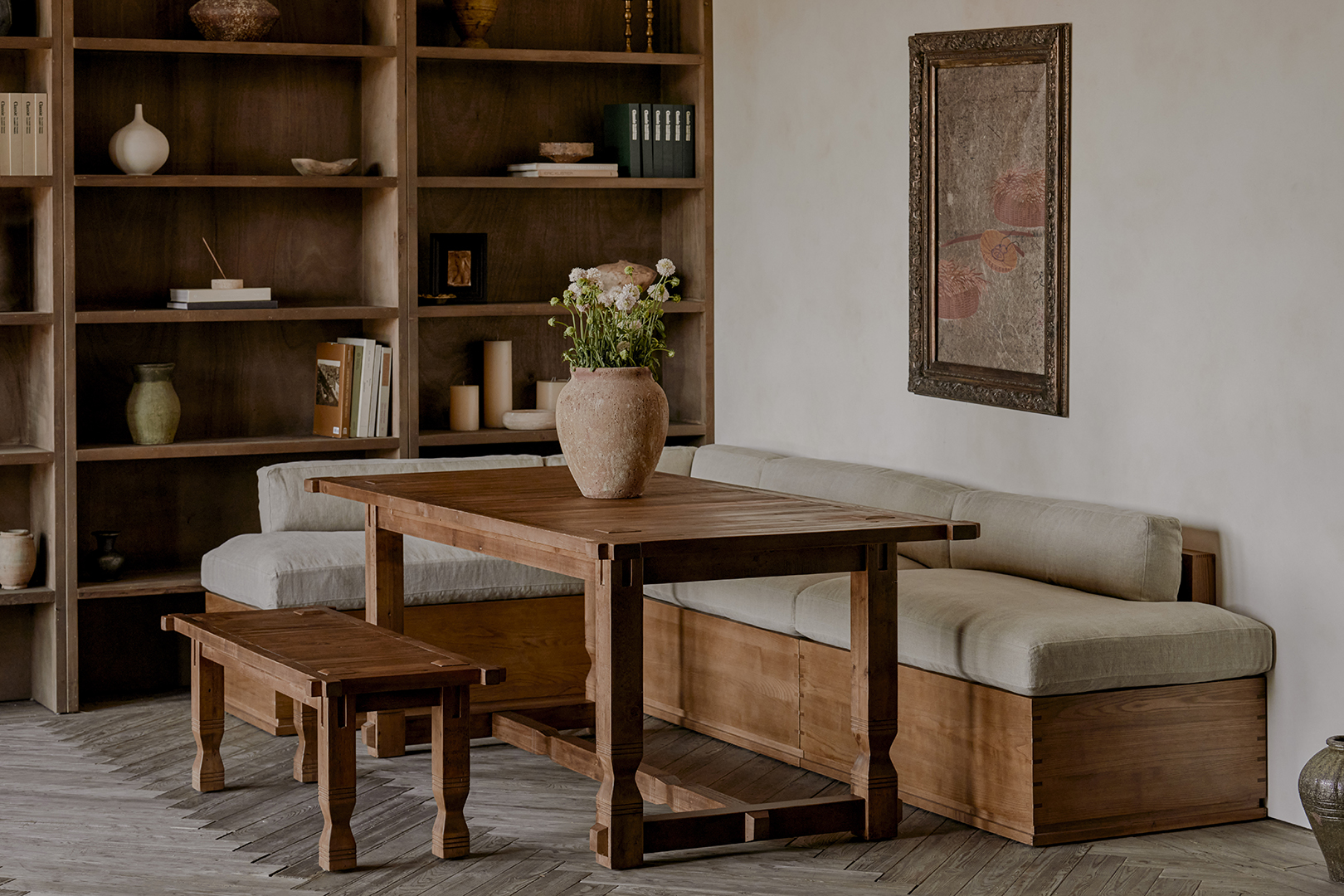 banquette around a wooden table