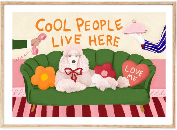  Poodle on sofa with the words "Cool People Live Here"