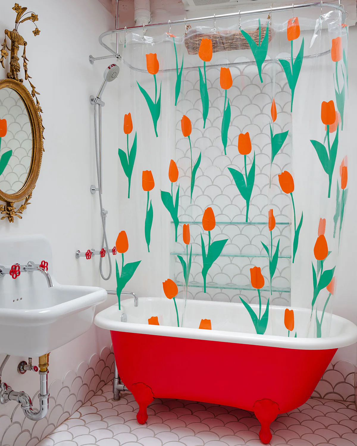 Shower curtain printed with large scale tulips