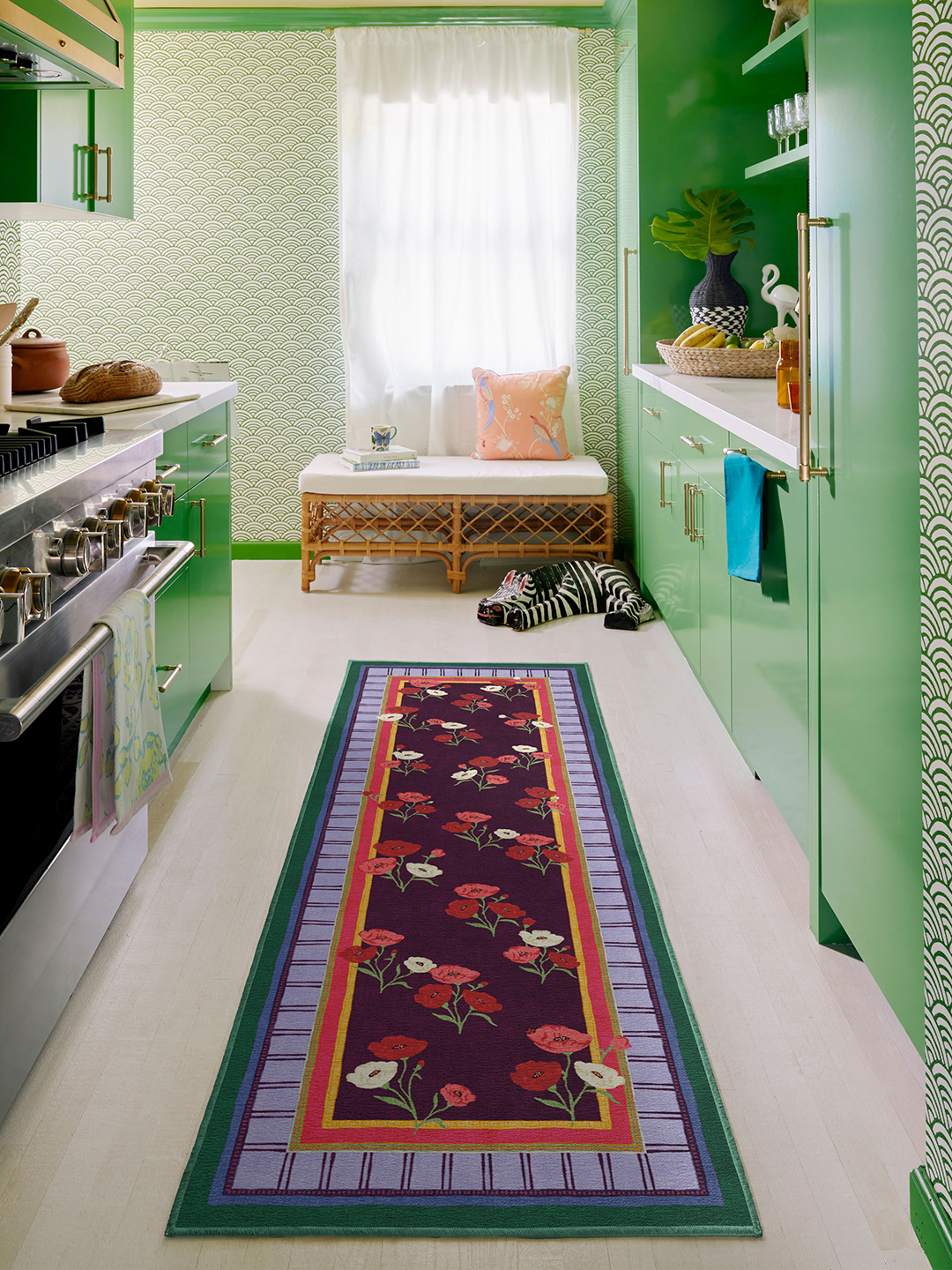 Floor, Home Decor, Indoors, Interior Design, Kitchen, Rug, animals, apfel, backlight, bread, colorful, daylight, designer, drinking glasses, eclectic, elephant, flamingo, fun, glasses, glow, green millwork, green wallpaper, green walls, house plant, iris, iris apfel, monstera, oven, pattern, range, wallpaper, warm, wicker bench, wicker furniture, zebra, zoo, Interior Design