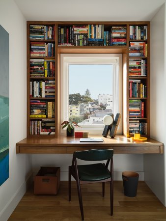 A built-in desk with a view