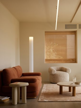 Living room with burnt orange sofa and cream armchair