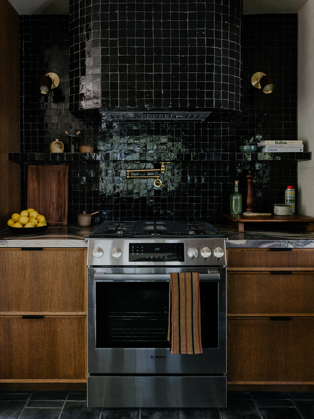 black zellige tile backsplash