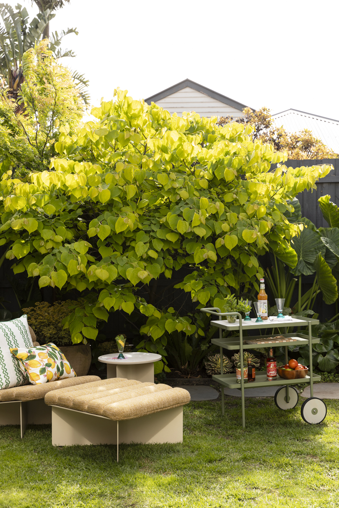 Garden lounge area with bar cart.