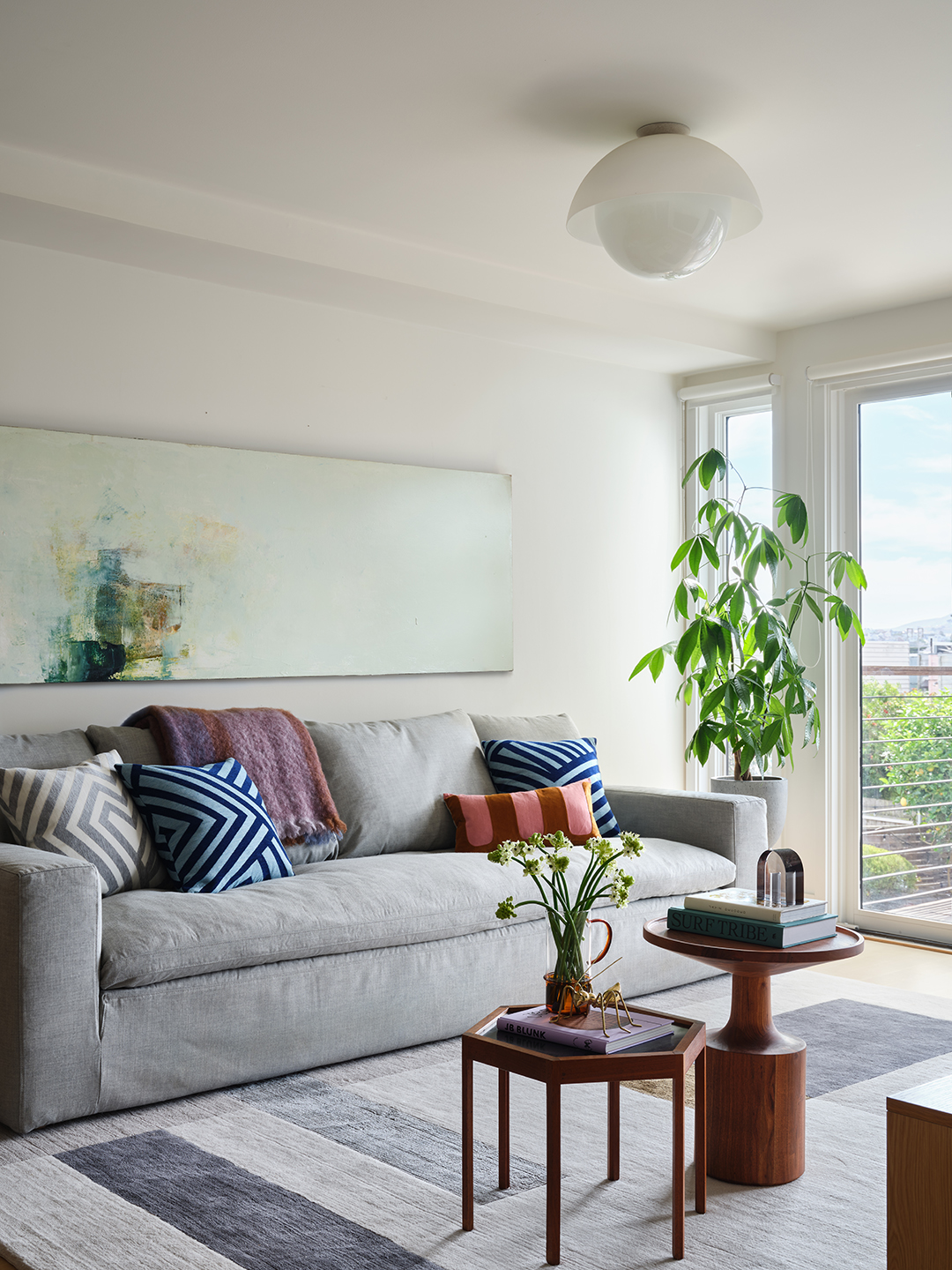 Living room with light gray sofa