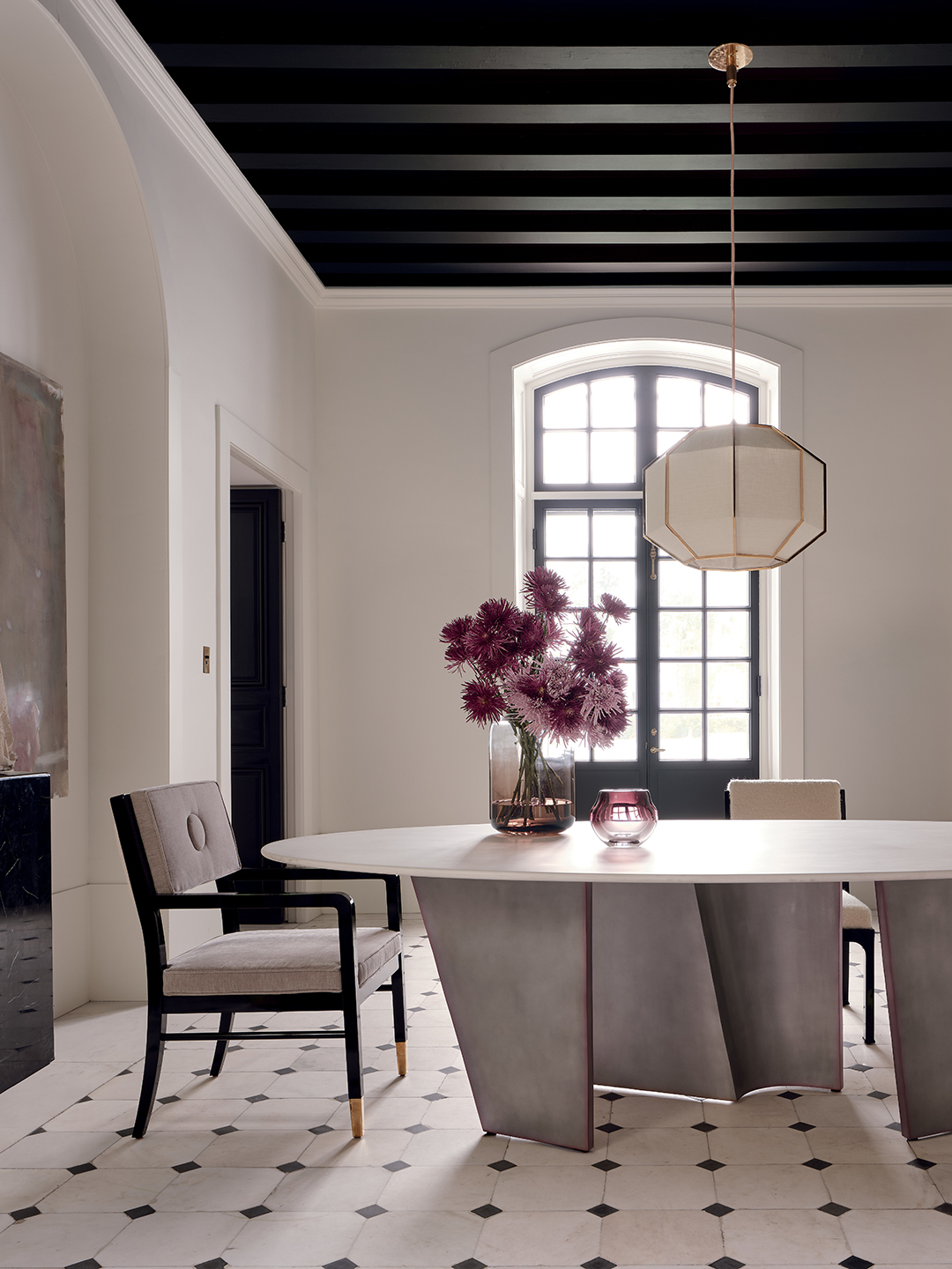 dining table on checkered floor