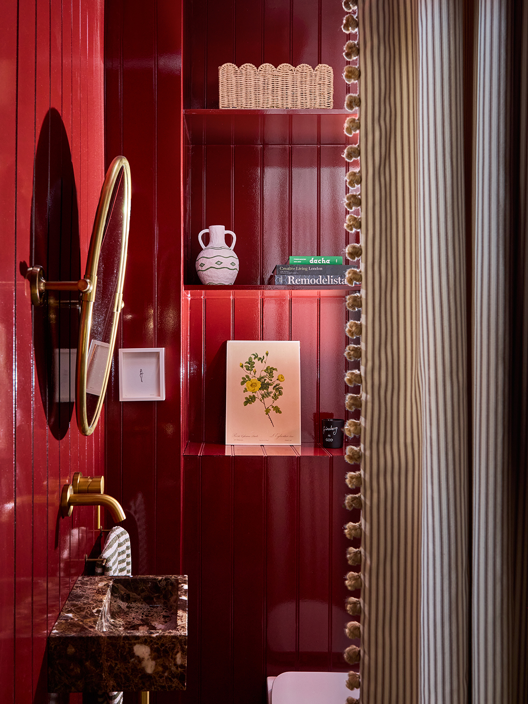 glossy red bathroom