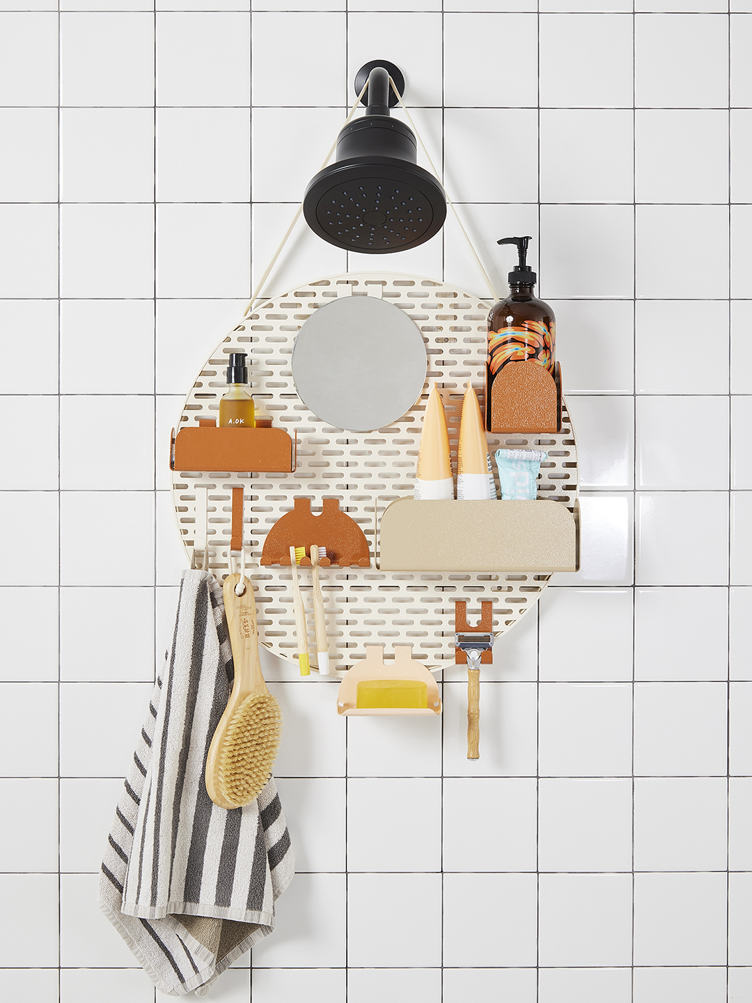 white round shower caddy